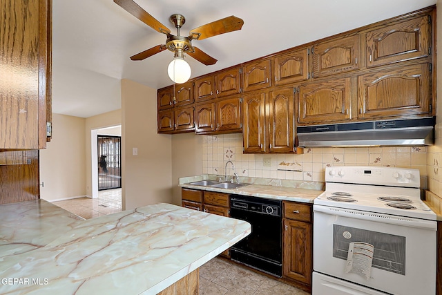 kitchen with sink, tasteful backsplash, light tile patterned floors, dishwasher, and white range with electric cooktop