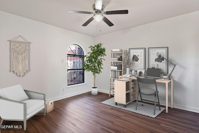 office featuring ceiling fan and dark hardwood / wood-style floors