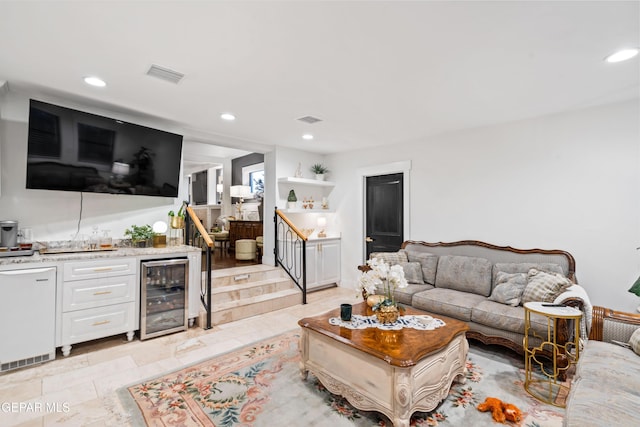 living room featuring indoor bar and beverage cooler