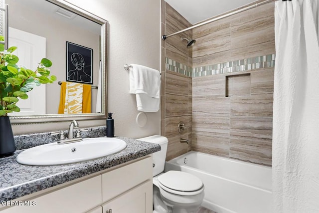 full bathroom with vanity, shower / bathtub combination with curtain, and toilet