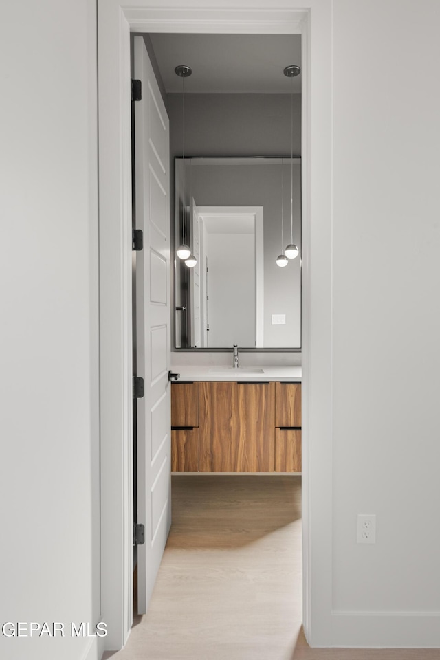 bathroom featuring vanity and hardwood / wood-style flooring