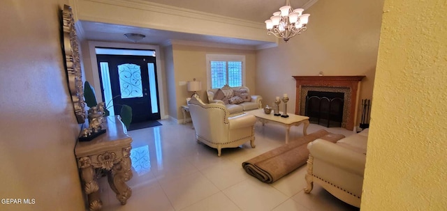 tiled living room with ornamental molding and an inviting chandelier