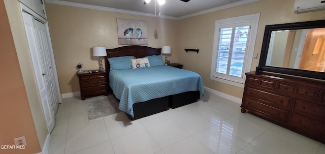 tiled bedroom with crown molding, a wall unit AC, and ceiling fan