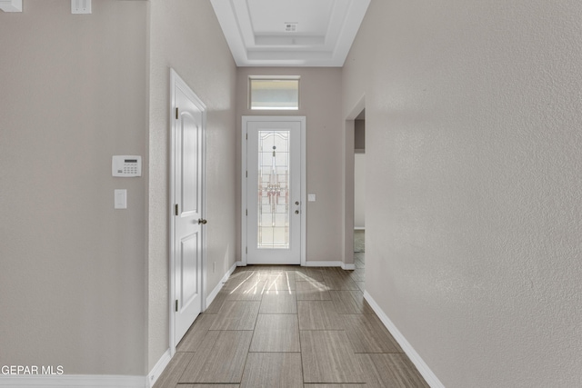 foyer featuring a raised ceiling