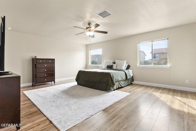 bedroom featuring light wood-type flooring, visible vents, and baseboards