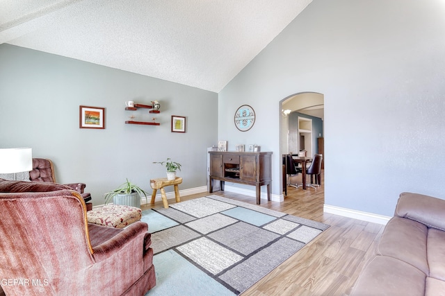 living room with high vaulted ceiling, light hardwood / wood-style floors, and a textured ceiling