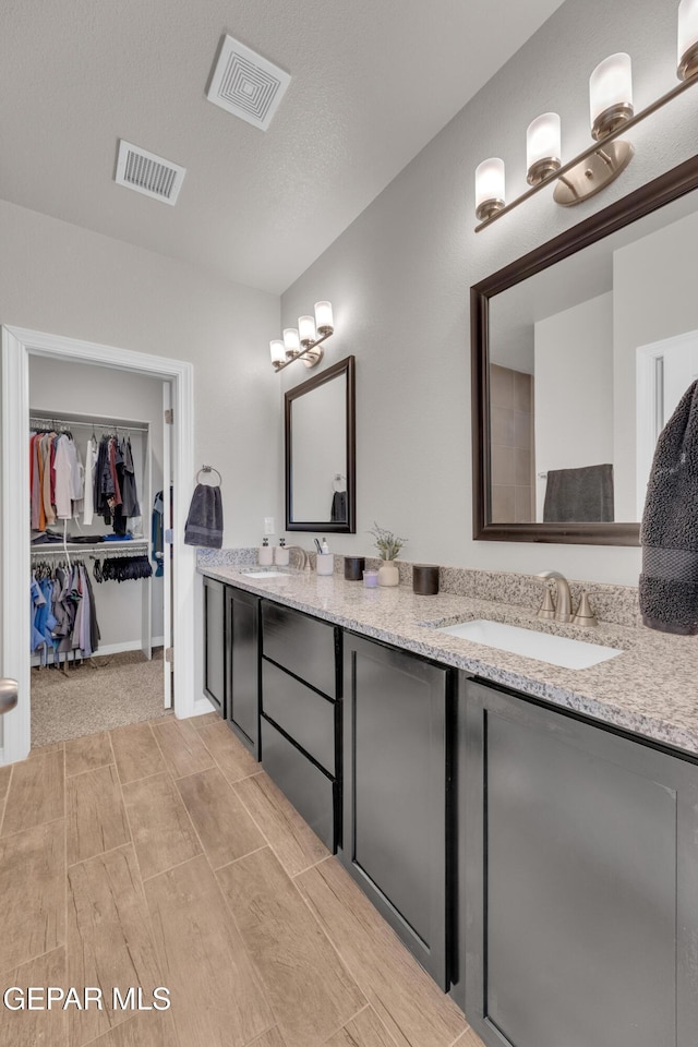 full bathroom featuring a walk in closet, visible vents, a sink, and double vanity