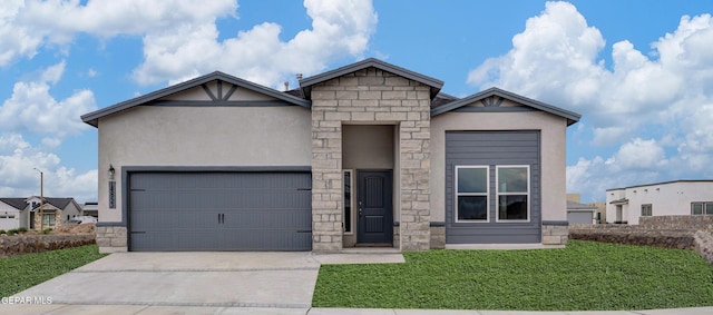 view of front of property with a front lawn, stone siding, stucco siding, an attached garage, and driveway
