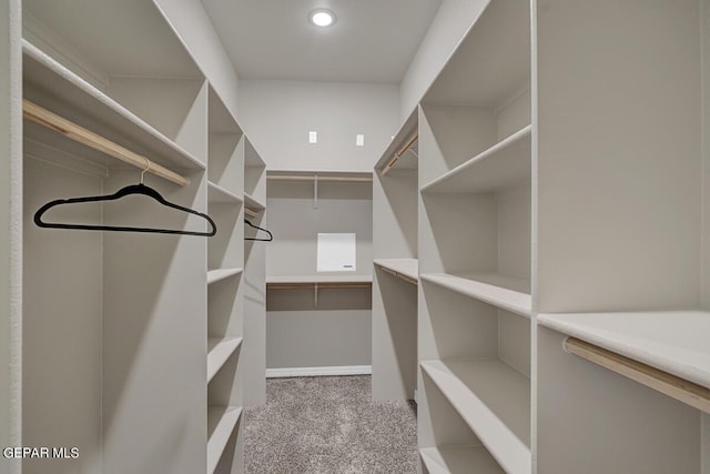 walk in closet featuring light carpet