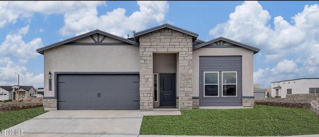 view of front of home featuring a front yard, stone siding, stucco siding, concrete driveway, and an attached garage