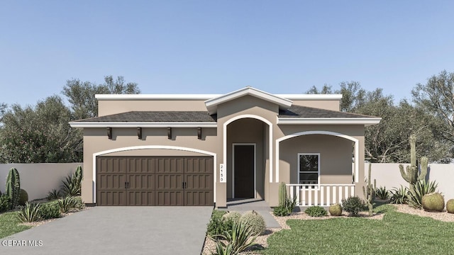 3857 Bubble, El Paso, TX 79938 - mediterranean / spanish-style house featuring a garage, concrete driveway, stucco siding, and covered porch