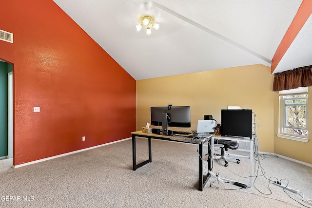 office featuring lofted ceiling with beams, carpet floors, a ceiling fan, and baseboards