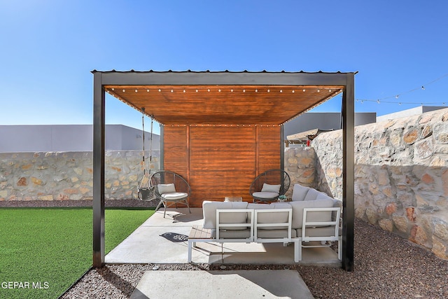 view of patio featuring outdoor lounge area and fence