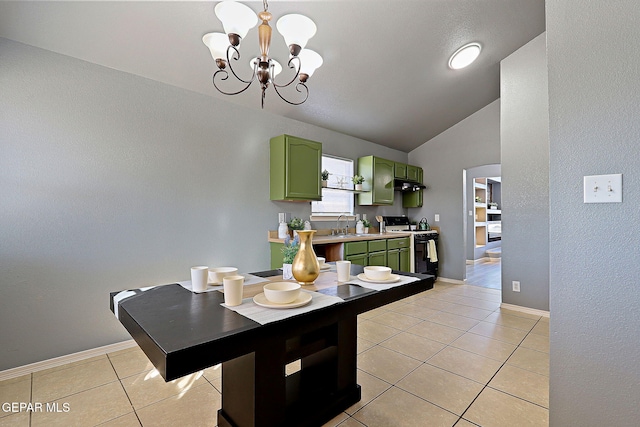 dining room featuring light tile patterned floors, baseboards, a chandelier, and vaulted ceiling