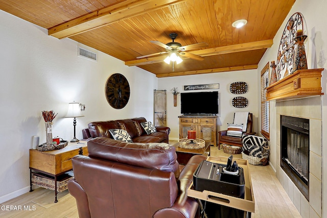 living room featuring ceiling fan, wooden ceiling, a fireplace, visible vents, and beam ceiling