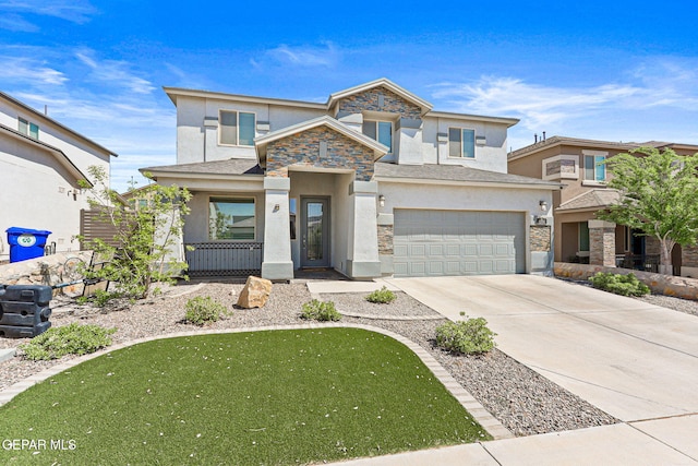 view of front of home featuring stone siding, an attached garage, driveway, and stucco siding