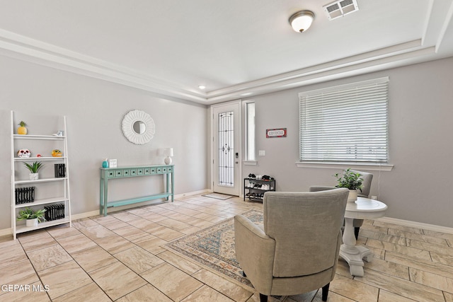 interior space with recessed lighting, baseboards, visible vents, and a raised ceiling