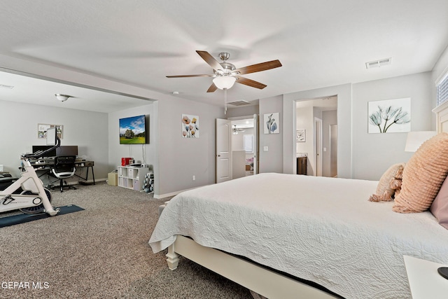 bedroom with baseboards, a ceiling fan, carpet flooring, and visible vents