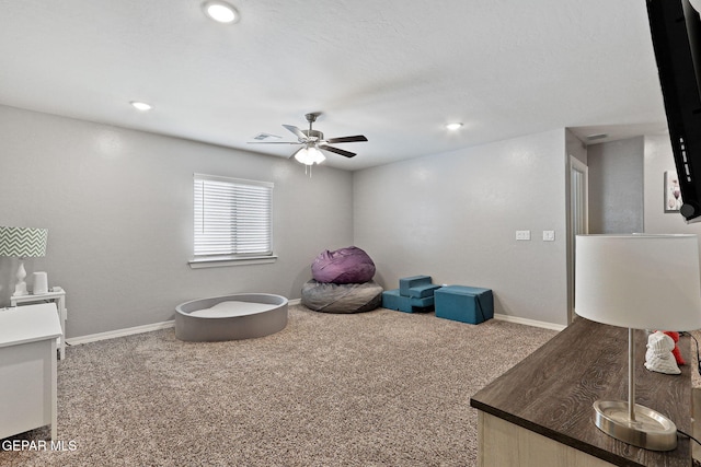 rec room featuring recessed lighting, carpet, a ceiling fan, and baseboards