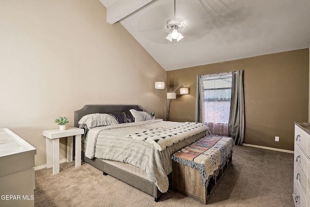 carpeted bedroom with vaulted ceiling with beams, ceiling fan, and baseboards