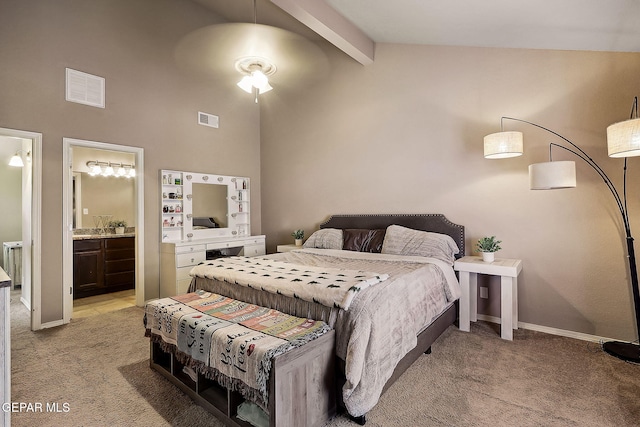 bedroom featuring light carpet, beamed ceiling, visible vents, and baseboards