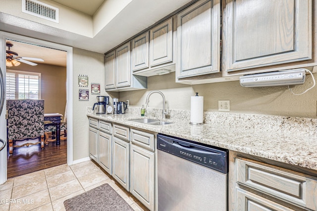 kitchen featuring light tile patterned floors, visible vents, ceiling fan, stainless steel dishwasher, and a sink