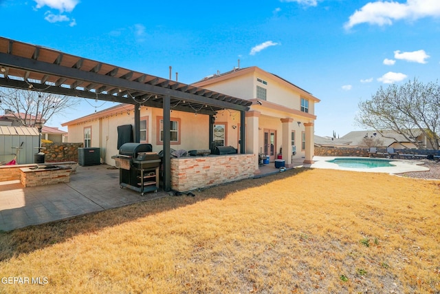 back of house with a fenced in pool, a yard, a patio, stucco siding, and central AC