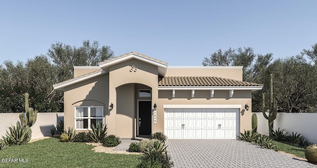 3868 Aspiration St, El Paso, TX 79938 - mediterranean / spanish-style home with a garage, stucco siding, decorative driveway, and a tiled roof