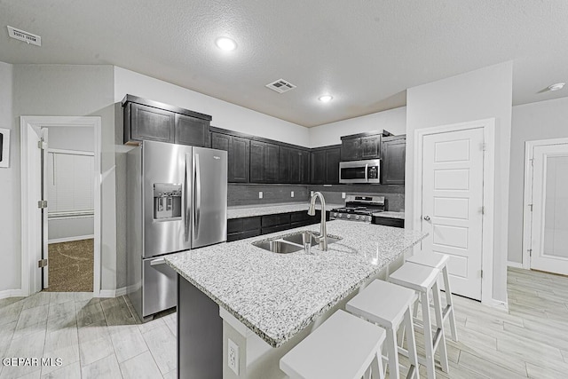 kitchen featuring a kitchen island with sink, appliances with stainless steel finishes, a sink, and visible vents