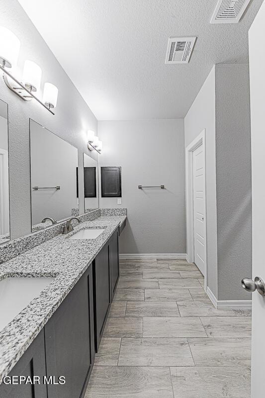 full bathroom featuring wood finish floors, visible vents, a sink, and double vanity