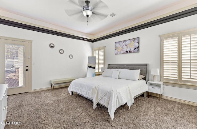 bedroom with ceiling fan, carpet flooring, visible vents, and baseboards