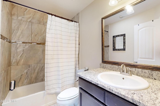 full bath with toilet, shower / bath combination with curtain, and vanity