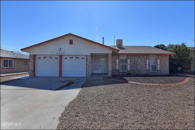 ranch-style home with brick siding, roof with shingles, central air condition unit, concrete driveway, and a garage