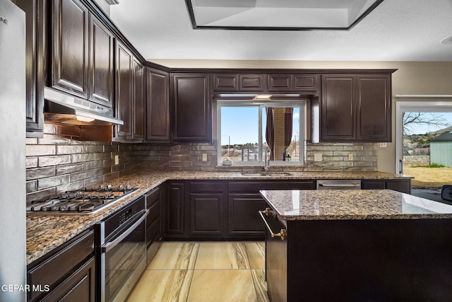 425 Golden Springs Dr, El Paso, TX 79912 - kitchen with under cabinet range hood, stainless steel appliances, a sink, a healthy amount of sunlight, and a center island