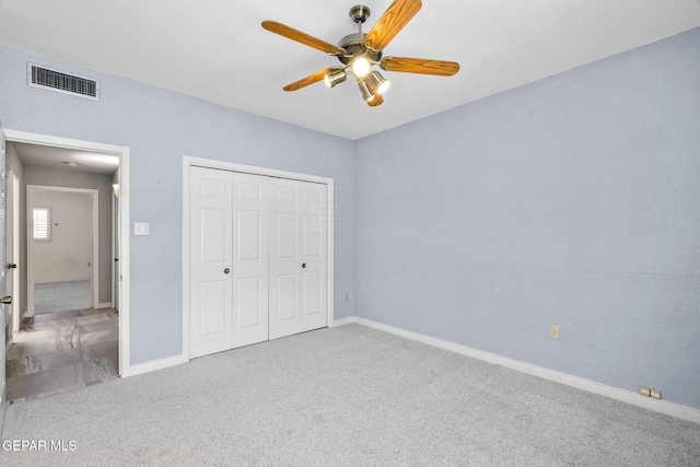425 Golden Springs Dr, El Paso, TX 79912 - unfurnished bedroom featuring visible vents, baseboards, a ceiling fan, carpet, and a closet