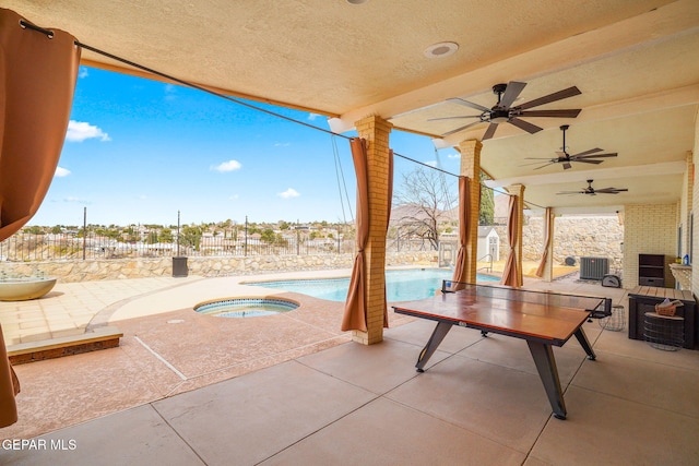 425 Golden Springs Dr, El Paso, TX 79912 - view of patio with a fenced in pool, a ceiling fan, fence, an in ground hot tub, and cooling unit