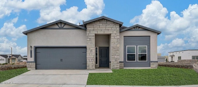 view of front of home featuring a garage, stone siding, concrete driveway, stucco siding, and a front lawn