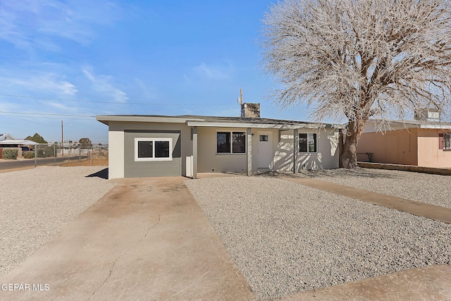 view of front facade with fence, a patio, and stucco siding