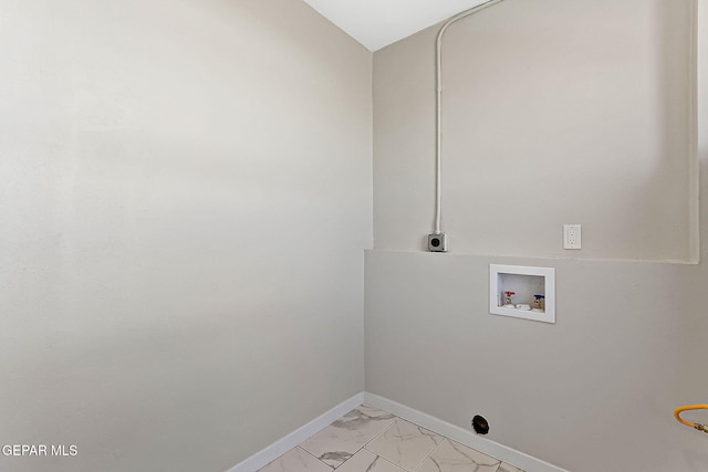 laundry area featuring hookup for a washing machine, hookup for an electric dryer, laundry area, baseboards, and marble finish floor