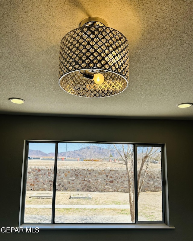 details featuring a mountain view and a textured ceiling