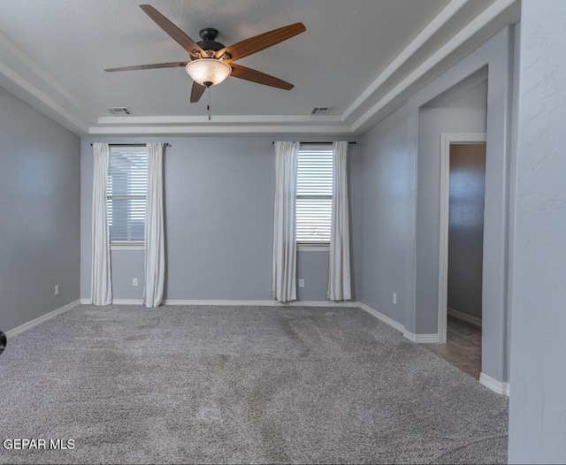 spare room featuring carpet floors, baseboards, a tray ceiling, and a wealth of natural light