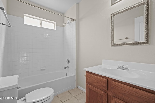 full bathroom with shower / bath combination, vanity, toilet, and tile patterned floors