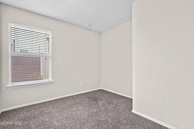 carpeted spare room featuring a textured ceiling and baseboards