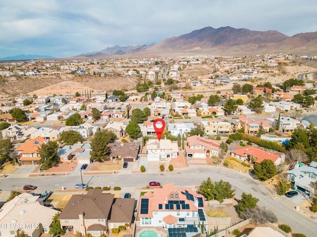 bird's eye view featuring a residential view and a mountain view