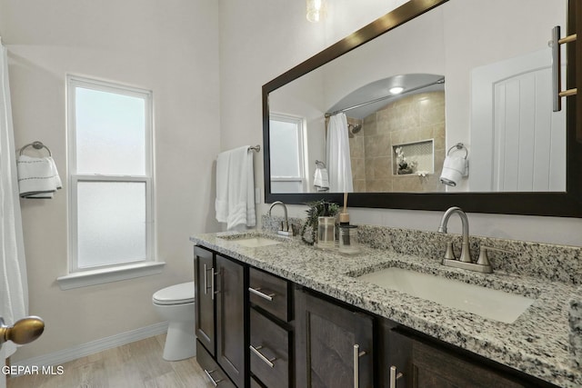 full bathroom featuring double vanity, a sink, toilet, and baseboards