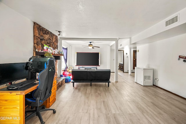 office area featuring light wood-type flooring, visible vents, a textured ceiling, and baseboards