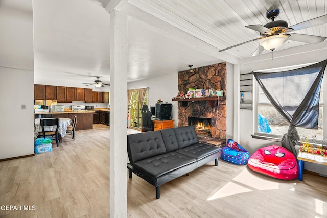 interior space with plenty of natural light, light wood-style flooring, and a stone fireplace