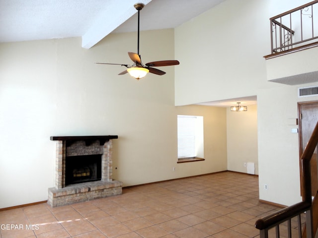 unfurnished living room featuring ceiling fan, a fireplace, visible vents, baseboards, and beamed ceiling