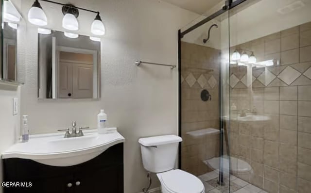 full bath featuring vanity, a shower stall, and toilet