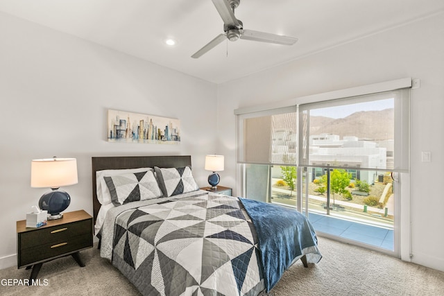 bedroom with recessed lighting, light colored carpet, ceiling fan, access to outside, and baseboards